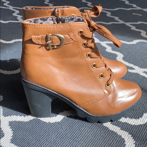 Brown Faux Leather Lace Up Heel Boots - Picture 2 of 3